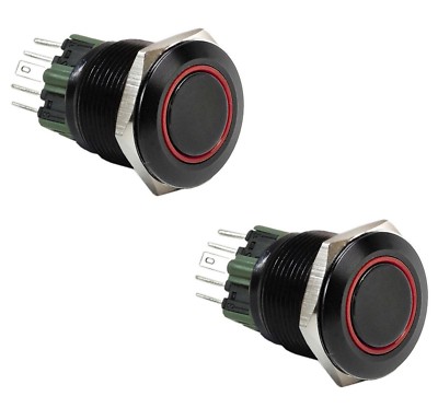 2pcs 25mm Black Stainless Button Red Halo  LED Momentary Light Switch 