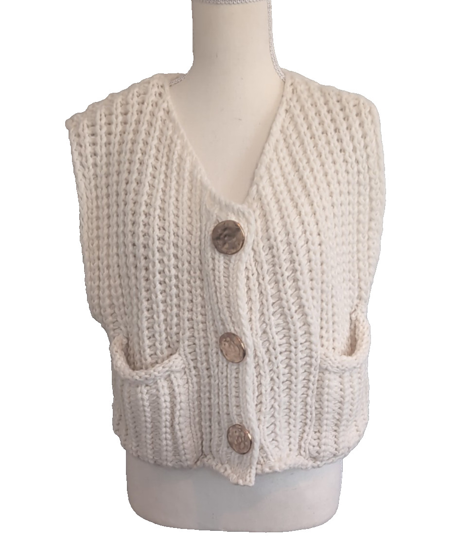 Crochet Solid Button-Front Pocket Vest V Neck Siz… - image 1