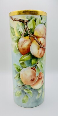 Vintage Hand Painted Harvest Fruit Peaches Gold Trimmed Large Cylinder Vase