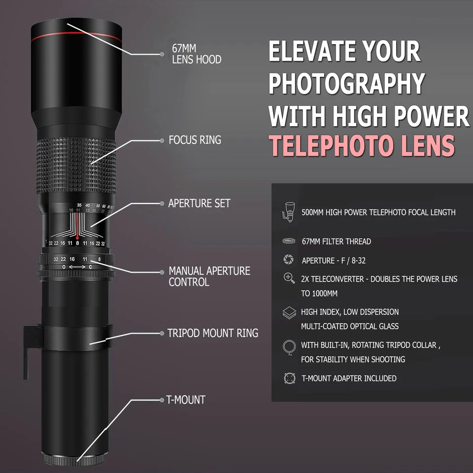 500mm/1000mm f/8 Manual Telephoto Lens for Canon EOS R100 R10 R50 R6 R7 EOS R RP - Image 2 of 4