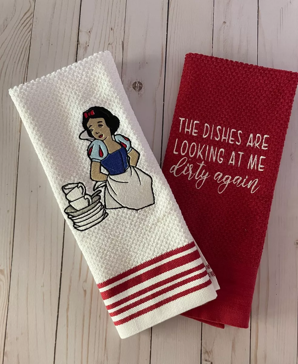 Disney Snow White Dirty Dishes Red Embroidered Kitchen Tea Towel  TinksTreasurez