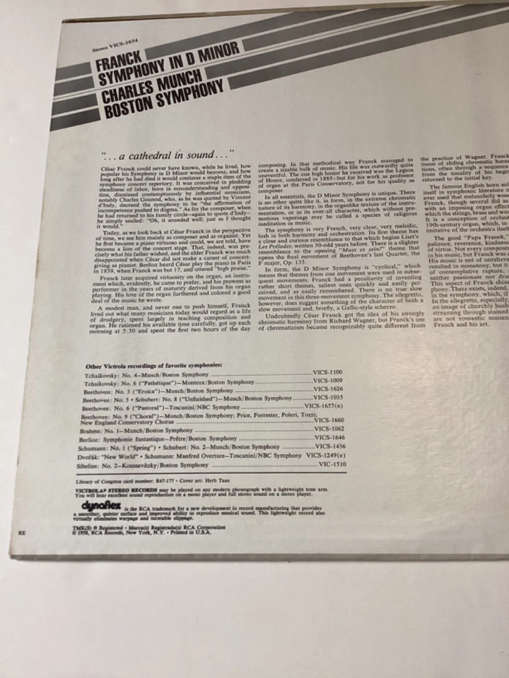 Franck Symphony ре минор виниловая пластинка 1958 / Charles Munch Boston Symphony - Изображение 3 из 4