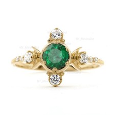 Genuine Zambian Emerald Diamond Wedding Ring Solid 14K Yellow Gold Fine Jewelry