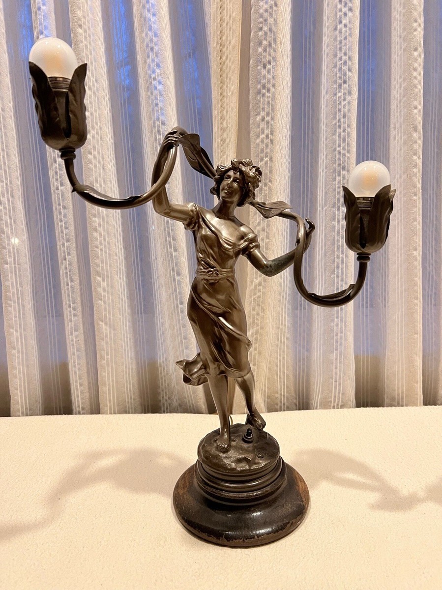 nutel（ヌウテル）オブジェ Art Nouveau FIGURAL WOMAN NEWEL POST LIGHT BRONZE SPELTER LAMP
