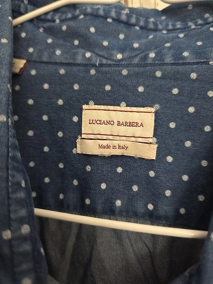 Camisa Luciano Barbera Para Hombres Con Botones Talla XL Azul Denim Color Blanco Lunares Larga... Foto 3 de 4