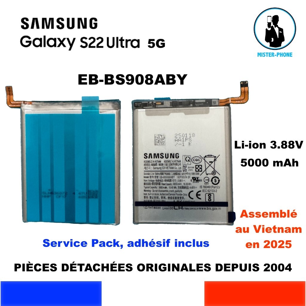 Batterie Samsung S22 Ultra originale EB-BS908ABY de 5000mAh pour châssis SM-S908