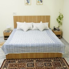 Blue White Kantha Quilt Cotton Block Print Bedspread Queen King Boho