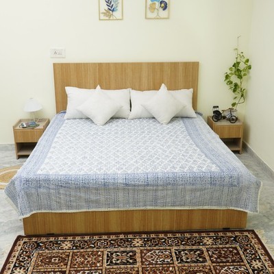 Cotton Block Print Bedspread Queen King Boho Blue White Kantha Quilt 