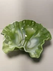 VTG Footed Westmoreland Bowl Milk Glass Green & White Swirl  Slag Ruffled Rim 8”