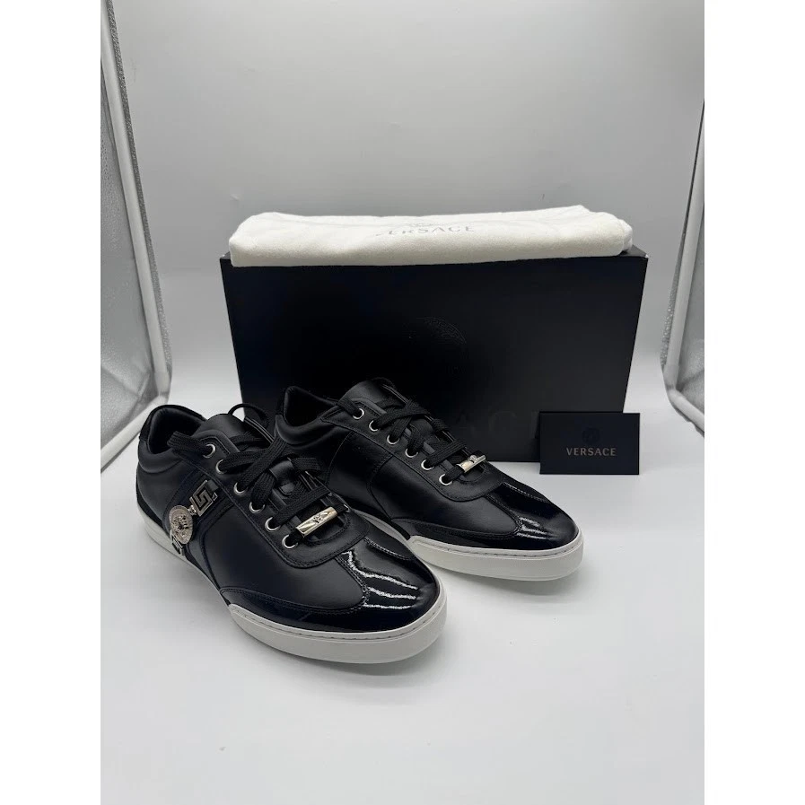 Versace Mens Black Leather Medusa Head Greca Low Top Sneakers Size 39 US 7 Italy