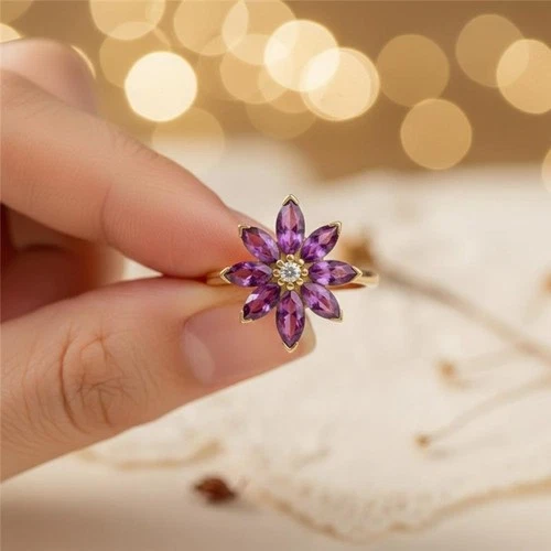 Marquise Cut Amethyst &Moissanite Engagement Ring 925 Silver Flower Wedding Ring