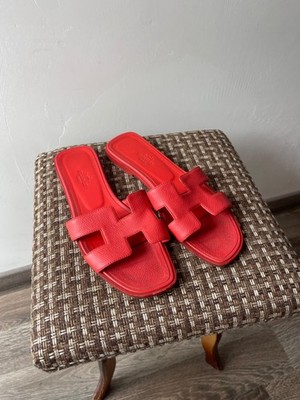 Authentic Hermes Oran Sandals Red Epsom Leather Slides Mule EU 37 US 7 Insole 24