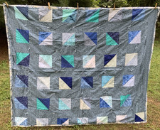 Vintage Handsewn Blue Country Floral Quilt 80" x 68"