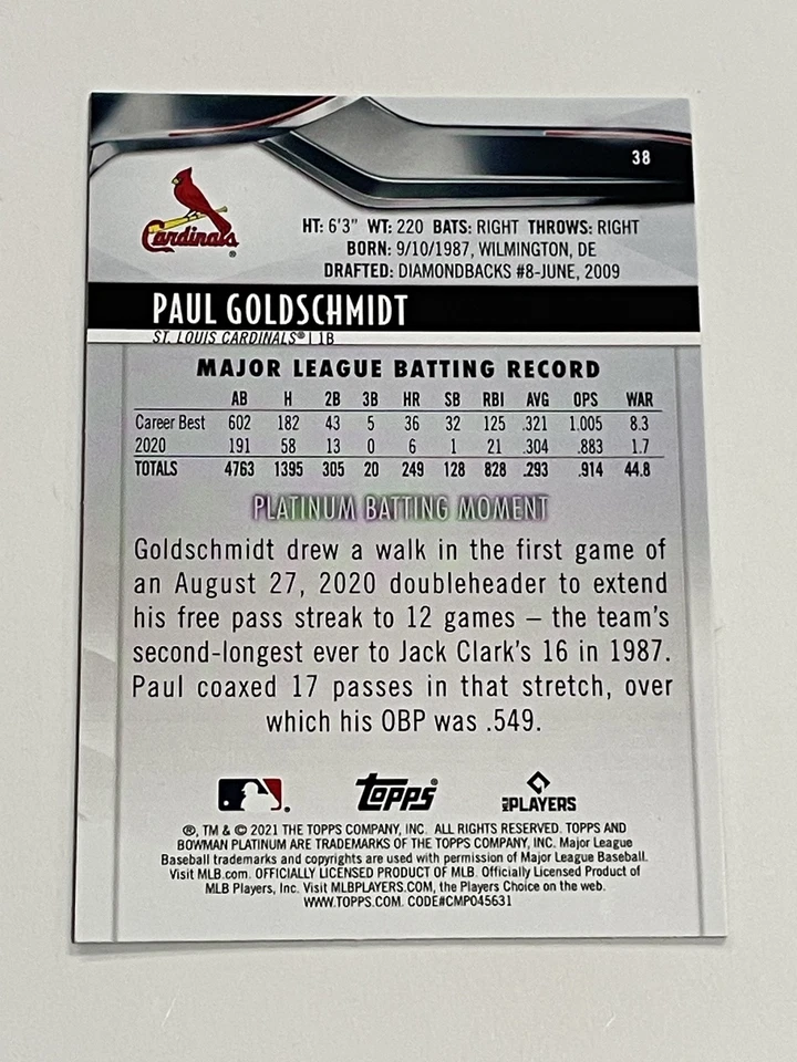 2021 Bowman Platinum Baseball #38 - Paul Goldschmidt - St. Louis Cardinals - Image 2 of 2