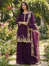 Presenting Wine Heavy Faux Georgette Top Palazzo With Dupatta For Festival Wear
