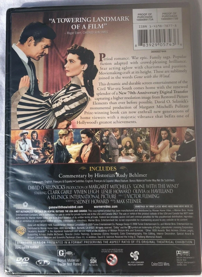 Gone With the Wind DVD 70th Anniversary Edition 2-Disc **NEW/SEALED** FREE SHIP - Image 2 of 2
