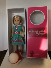 American girl doll kit Kittredge 18” w outfit, hat, undies,purse w wood spinner