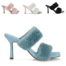 Damen-Stiletto-Pantoletten hoher Absatz Kunstfell Slipper eckige Zehenpartie Sandalen 3-8