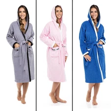Women’s Waffle Weave Robes Ladies Hooded Bathrobe 100% Terry Cotton Spa Robes