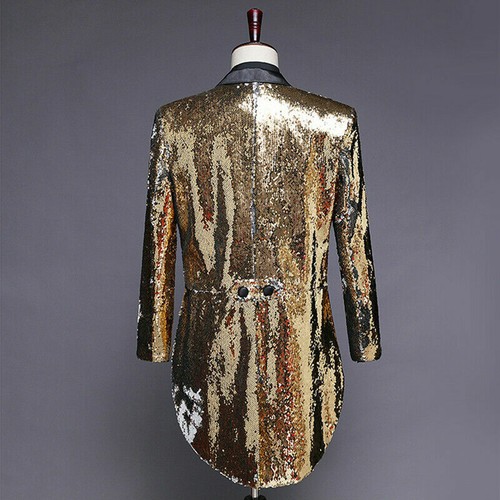 Men Reversible Two Tone Sequin Suit Jacket Peak Lapel Tuxedo Tailcoat Outfit Top - Picture 7 of 13