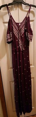 Floor Length Cutout Shoulder Maroon White VNeck Boho Dress | xhilaration | Small