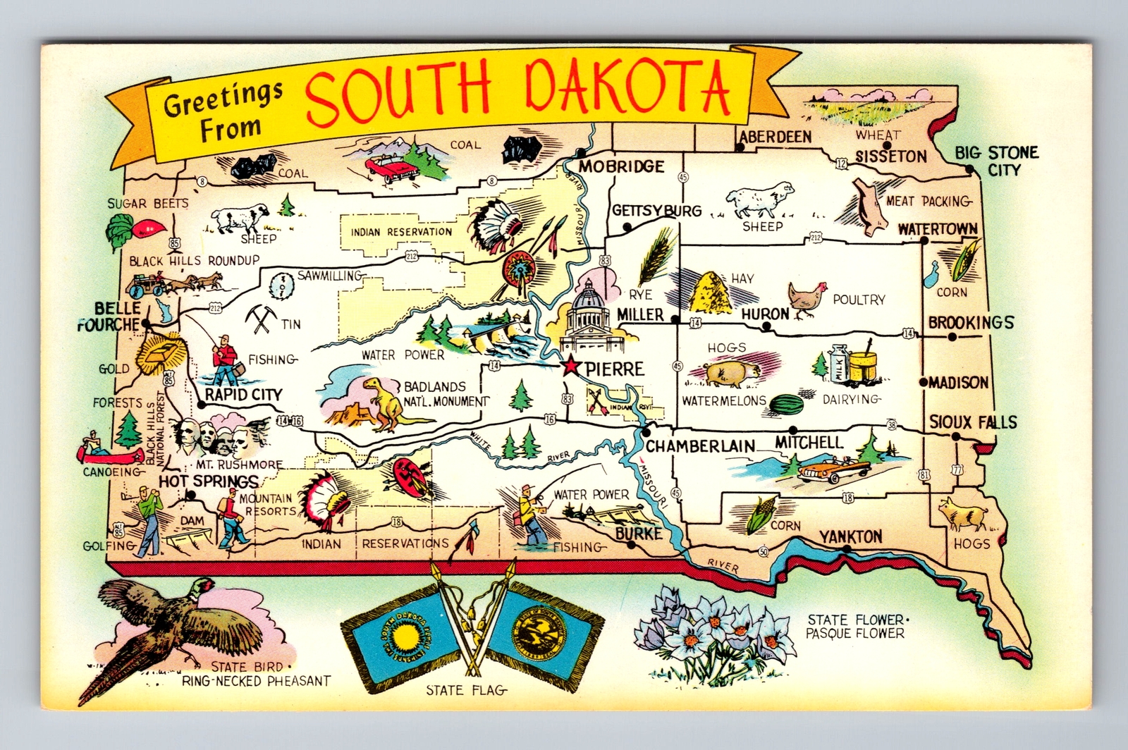 SD-South Dakota, Map And Landmarks, Vintage Postcard
