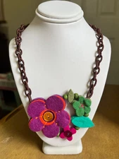 Handcrafted Felted Necklace Floral Design Purple/Green - Lightweight & So Cute!