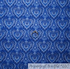 BonEful FABRIC Cotton Quilt Blue Silver Metallic Heart Flower Damask LAST SCRAP