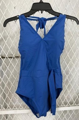 Gottex Au Naturel V-Neck Right Bow Surplice One Piece Swimsuit Blue Sz 14 NWT