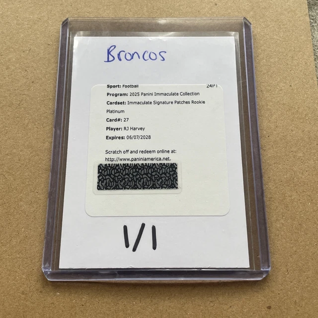 RJ Harvey 2025 Panini Immaculate Signature Patch ROOKIE Platinum 1/1 REDEMPTION