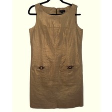Tahari Linen Blend Shift Dress Sz 8 Gold Metallic Sleeveless Wedding Guest Chic