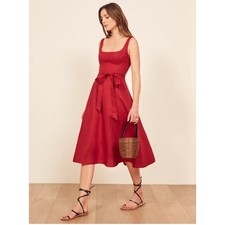 Reformation Garten 100% Linen Wrap Dress Red Midi A-line Square Neck L