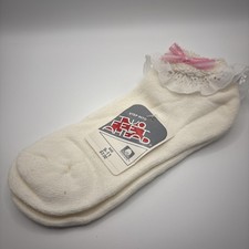 1 Pair Women's Vintage Terry Cuff Socks White Lace With Pink Bow 9-11 80s 90s