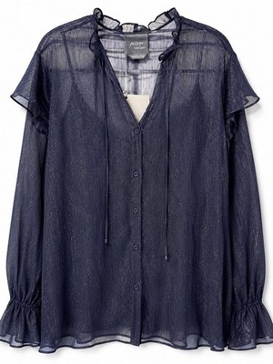 NWT Marina Rinaldi Persona Max Mara Group Navy Metallic Sheer Ruffle Blouse