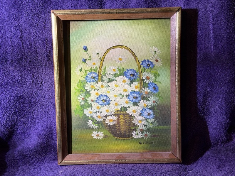 G. Elliott Signed Framed Floral Basket Still Life Canvas Painting 10x13 Small