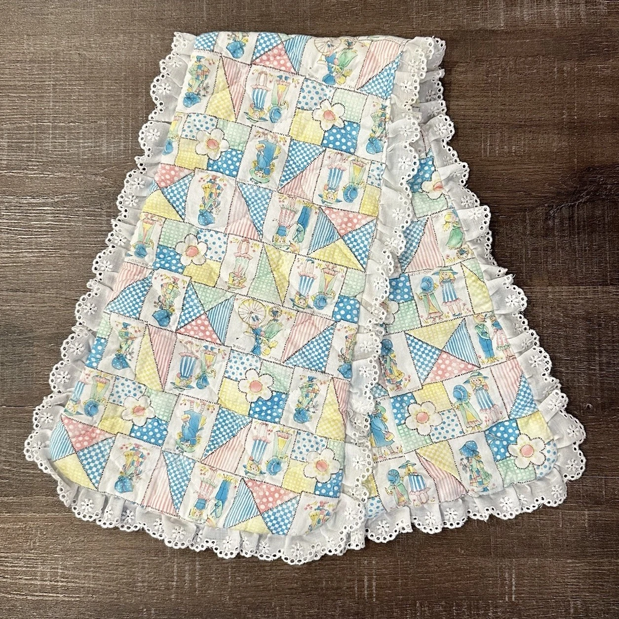 Vintage Holly Hobbie Patchwork Fabric Burp Rag Cloth Shoulder Ruffle 26”x8”