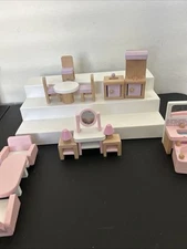 18 Wooden Pastel Dollhouse Furniture Stove Chairs Sofa Tub Tables Vanity