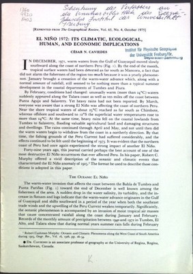 El Nino 1972: Its climatic, ecological, human, and economic Implications; Cavied