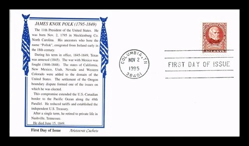 US COVER PRESIDENT JAMES K POLK FIRST DAY ISSUE ARISTOCRAT CACHET