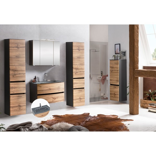 BadmöBel Set Wotaneiche Waschtisch Glasbecken Led Spiegelschrank Seitenschrank-image