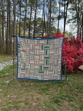 Vintage Handmade Quilt Log Cabin Americana - Blue Green - Floral Prints
