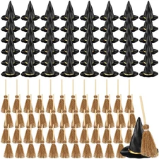 48 Pcs Mini Witch Hats and Broom for Crafts Halloween Wizard Accessories for ...