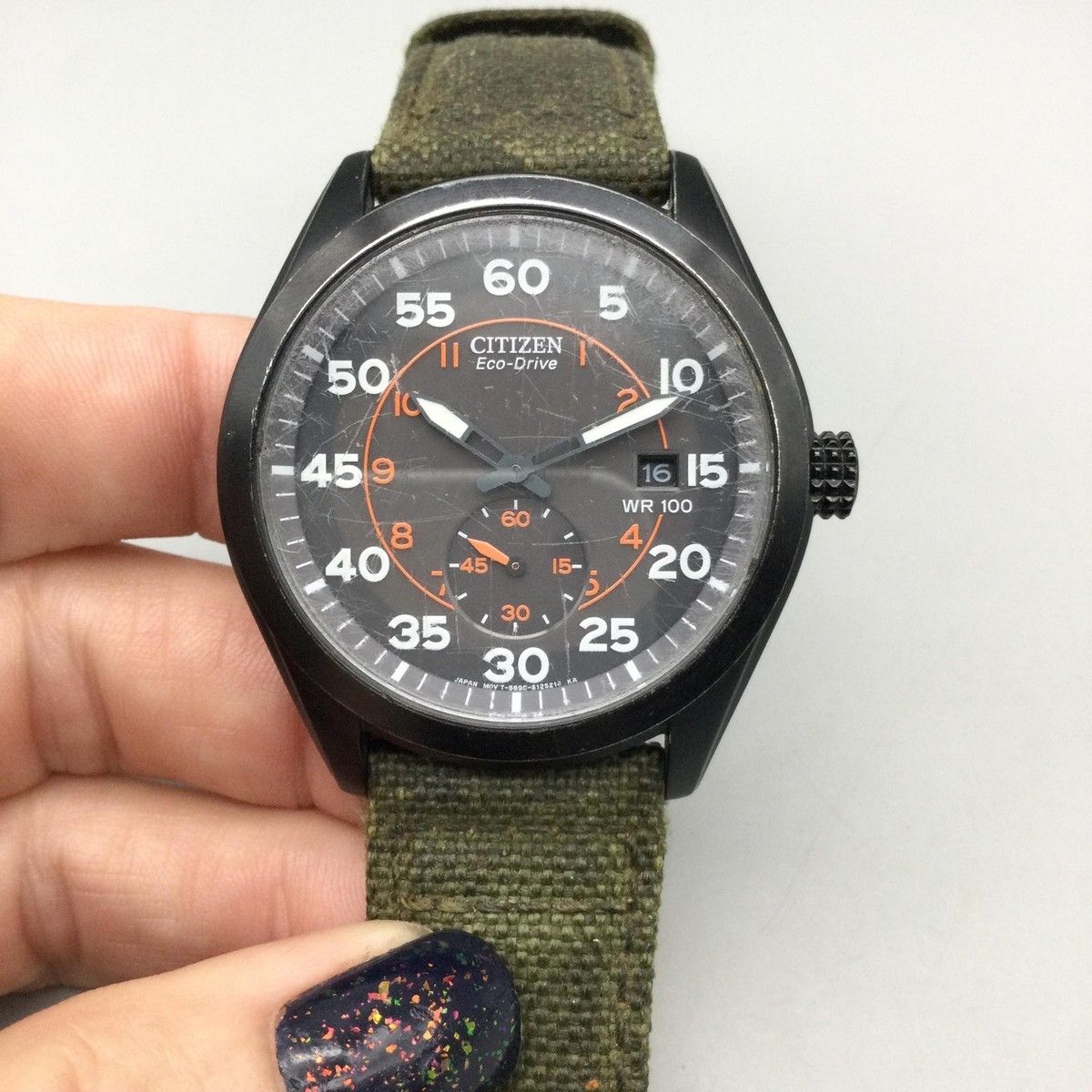 Citizen Eco-Drive Mens Watch 42mm Black Dial Green Canvas Military