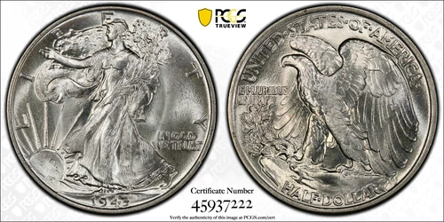 1943 Walking Liberty Half Dollar Cert@ MS 65 PCGS Gold Shield~