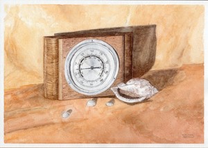 Marine-Still-Life-original-watercolor-painting-nature-shell-sea-barometer-art