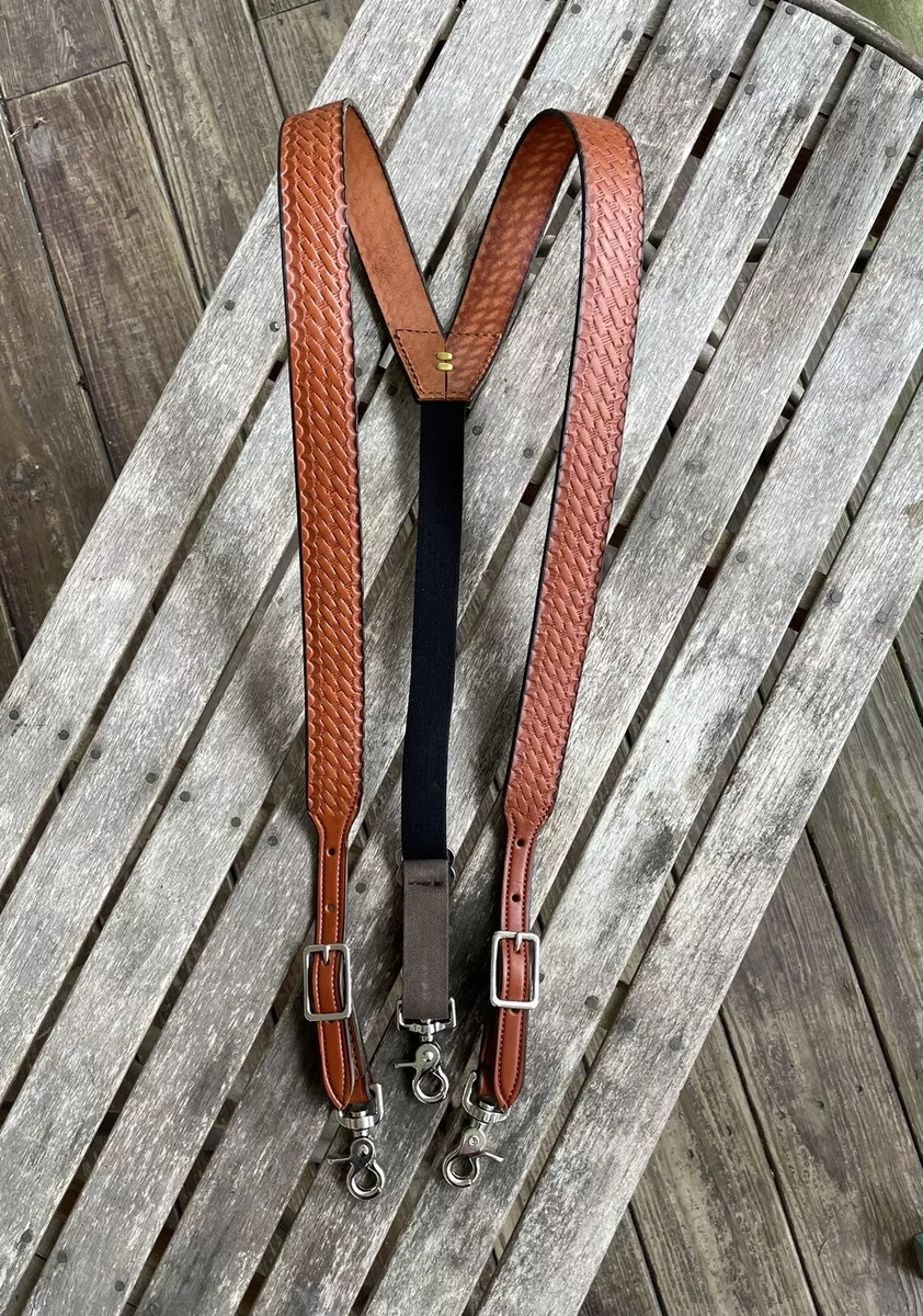 Men's Amish Made Leather SUSPENDERS, XL Basket Weave Chestnut Brown  Adjustable