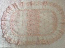 Doily-A Beautiful White w/Pink Embroidery Nylon Oval Doily-Perfect for a Newborn