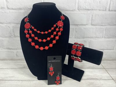 NY&C Fashion Costume Jewelry Necklace Bracelet Earrings Lot Red Black Silver NWT