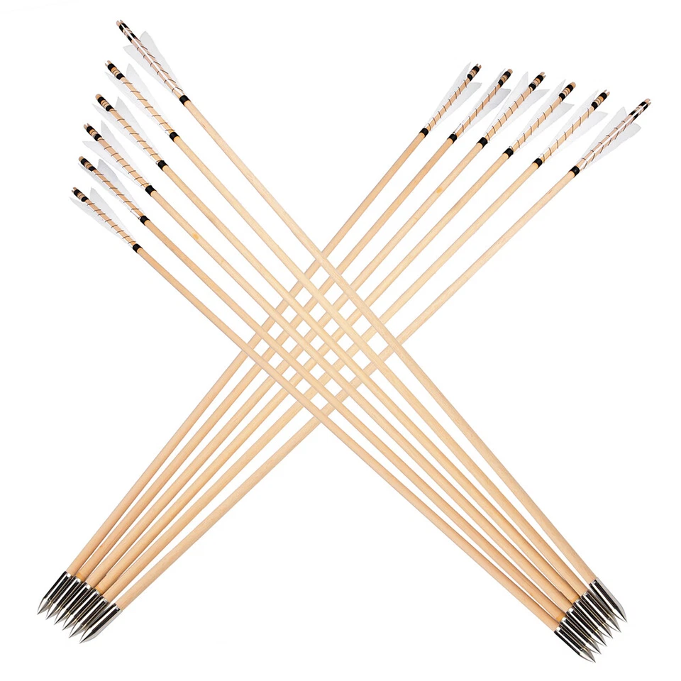 32" Archery Wooden Arrows Turkey Feathers Recurve Compound Bow Shooting Hunting - Image 4 of 4