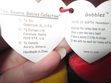 RETIRED RARE ORIGINAL TY BEANIE BABY "GOBBLES" THE TURKEY 1996 TAG ERRORS MINT